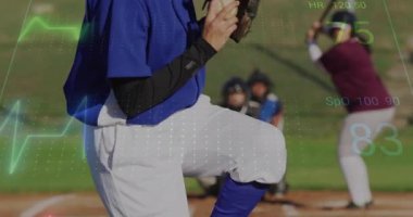 Okulda, renkli veri grafikleriyle beyzbol oyuncularını iş başında gösteren animasyon. Spor, hareket, enerjik, dinamik, atletik, dijital