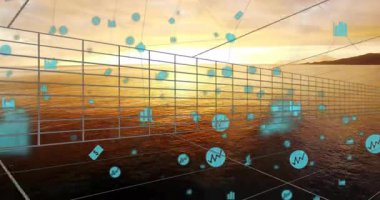 Günbatımında okyanusta yüzen dijital veri simgelerinin animasyonu, fütüristik sahne. Teknoloji, siber, yenilik, ağ