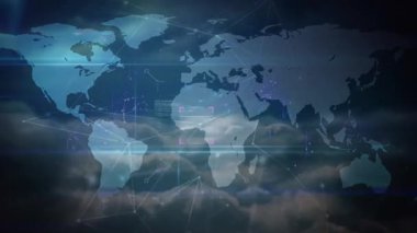 QR kodu veri hatlarıyla dijital dünya haritasında animasyon taraması yapıyor. Teknoloji, ağ, bağlantı, küresel, arayüz, fütürist