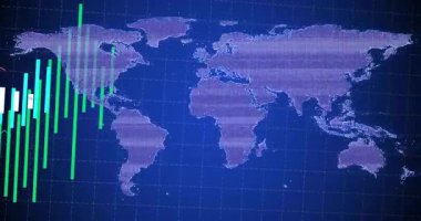 Küresel finansal verilerin görselleştirilmesi, dünya haritasının arka planında grafiklerin canlandırılması. Finans, küreselleşme, analitik, ekonomi, istatistik, yatırım