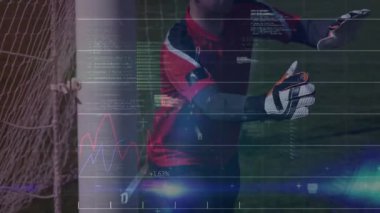 Futbol topunu sahada tutan kişinin grafik ve veri animasyonu. Spor, analitik, veri görselleştirme, atlet, performans, istatistik