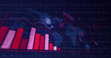 Dijital şebeke üzerinde veri işleme animasyonu olan kırmızı ve beyaz çubuk grafikleri. Analiz, istatistik, teknoloji, bilgi, görselleştirme, fütüristik