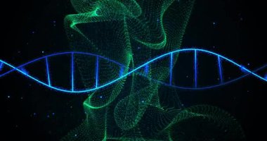 Bilimsel veri animasyonunda DNA ipliği ve ikili kodlama işlemi. Genomik, biyoenformatik, biyoteknoloji, yenilik, analiz, teknoloji