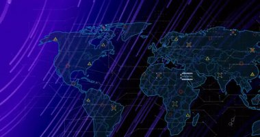 Mor zemin üzerinde veri noktaları ve dijital şablonlar olan dünya haritasının animasyonu. Küresel, ağ, teknoloji, bağlantı, siber alan, bilgi