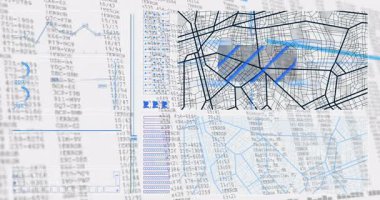 Veri tabloları ve grafikleri kaplayan dijital haritalı şehir planlama analizi. veri analizi, haritalar, şehir manzarası, altyapı, dijital teknoloji, geliştirme