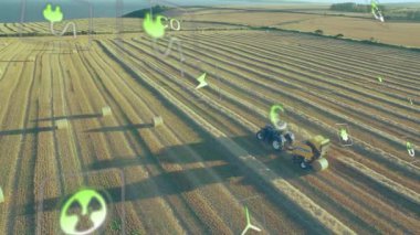 Tarlada saman hasadı, traktör ve yüzen çevresel ikonların animasyonu. Tarım, sürdürülebilirlik, çevre dostu, tarım, yenilenebilir, teknoloji