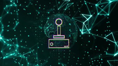Dijital ağ üzerinde neon joystick ikonu ve geometrik şekiller animasyon. Teknoloji, oyun, siber, gelecek, sanal, bağlantı