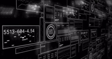 Animasyon, okulda parlayan sayısal görüntülere sahip geleceksel veri panellerini gösteriyor. technology, digital, innovation, education, analytics, interface