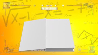 Matematiksel denklemler ve animasyonla sarı arkaplan üzerine boş kitapları aç. Eğitim, matematik, öğrenme, akademik, hesaplamalar, sayı