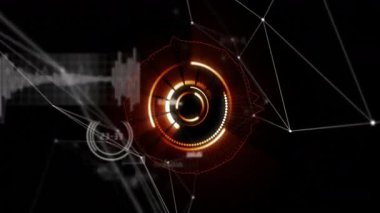 Birbirine bağlı çizgiler ve veri noktalarıyla parlayan dairesel arayüzün animasyonu. Teknoloji, fütüristik, dijital, ağ, yenilik, sanal