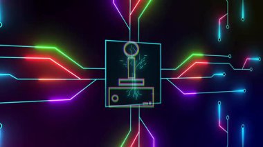 Merkezi sembolü ve dallanma çizgileri olan fütüristik neon devrenin animasyonu. teknoloji, dijital, parıltı, ağ, soyut, elektronik