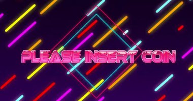 Renkli neon lütfen koyu arkaplandaki köşegen çizgilerin üzerine madeni para animasyonu yerleştirin. Retro, arcade, oyun, neon ışıklar, vintage, digital