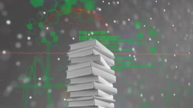 DNA ipliği ve bilimsel veri işleme animasyonu olan bir yığın kitap. Bilim, biyoloji, araştırma, genetik, eğitim, biyoteknoloji