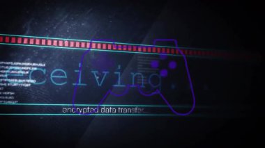 Dijital arkaplanda şifreli veri transferi olan oyun denetleyicisinin animasyonu. Oyun, teknoloji, şifreleme, siber güvenlik, elektronik, eğlence