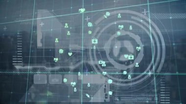 Dijital arayüzde ağ bağlantılarının ve güvenlik simgelerinin animasyonu gösteriliyor. Teknoloji, siber güvenlik, İnternet, veri, koruma, sanal