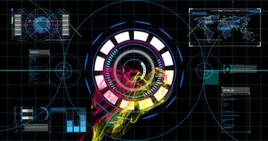 Dönen dairesel elementler ve dijital animasyon arayüzünde veri görselleştirmeleri. teknoloji, yenilik, hareket, fütüristik, analitik, soyut
