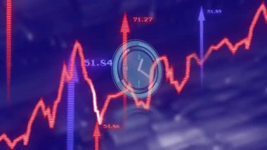 Animasyon, mavi arkaplanda dijital saat ile yükselen kırmızı grafik çizgisini gösteriyor. İş, finans, büyüme, veri, ilerleme, istatistikler