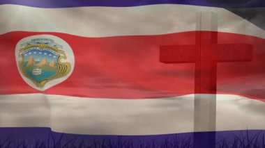 Kosta Rika bayrağı çimenli ön planda kırmızı haç animasyonuyla dalgalanıyor. Ulusal, bayrak, amblem, vatanseverlik, bayrak