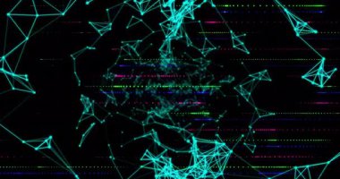 Koyu arkaplanda soyut ağ oluşturan parlak mavi çizgilerin ve noktaların animasyonu. Teknoloji, bağlantı, dijital, geleceksel, veri, iletişim