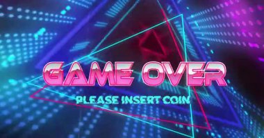 Ekranda neon ışıkları ve retro animasyondaki geometrik desenlerle oyun bitti. Atari, klasik, oyun, fütüristik, renkli, soyut