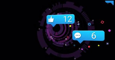 Karanlık animasyon arka planında renkli şekilli yüzen sosyal medya bildirimleri. dijital, online, teknoloji, iletişim, internet, canlı