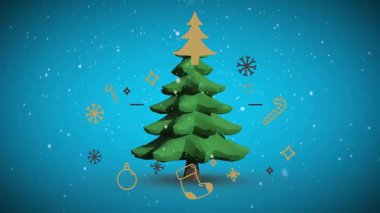 Süslemeleri ve mavi arka plan animasyonunda kar taneleri olan Noel ağacı. Kutlama, tatil, kış, ışıltı, süslenme, mevsim