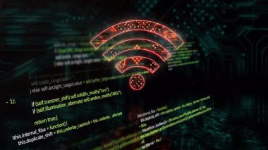 Wi-Fi sembolü dijital kod ve veri işleme arkaplanı üzerinde animasyonla parlıyor. Teknoloji, bağlantı, kablosuz ağ, siber alan, internet