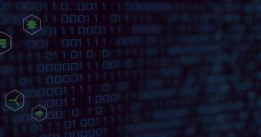 Karanlık arka planda dijital animasyonda parlayan ikili kod dizisi. Teknoloji, fütürist, programlama, sanal, matris