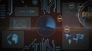 Kripto verileri, animasyon dünya haritası üzerinde devre modelleriyle dijital arayüz gösteriliyor. Kripto para birimi, engelleme zinciri, teknoloji, yenilik, fütüristik, finans