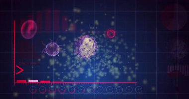 Veri tablosu üzerinde virüs çizimleriyle yükselen çubuk grafiğinin animasyonu. Ekonomi, büyüme, hastalık, salgın, istatistik, bilgi