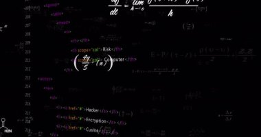 Bilgisayar kodlarının animasyonu, kimyasal formüller ve karanlık arkaplanda matematik denklemleri. Teknoloji, dijital, bilim, programlama, kodlama, kimya
