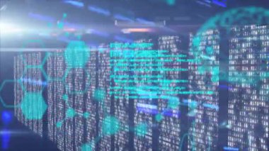 Dijital veri ve ağ bağlantıları veri merkezindeki sunucuların sıraları üzerinde animasyon. Teknoloji, ağ, bağlantı, bulut hesaplama, iletişim, altyapı