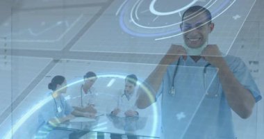 Ofiste işbirliği yapan tıp uzmanları, gelecekçi dijital animasyon örtüsü kullanıyorlar. Teknoloji, yenilik, takım çalışması, sağlık hizmetleri, danışma, iletişim