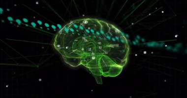 Karanlık arka planda veri noktaları olan dijital beyin modelinin animasyonu. Yapay zeka, teknoloji, nöral ağ, fütüristik, yenilik, veri analizi