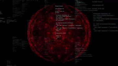 Koyu arkaplanda programlama koduyla kırmızı ağ bağlantılarının animasyonu. Teknoloji, dijital, siber güvenlik, kodlama, veri, bağlantı