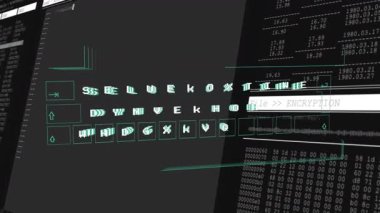 Kod ve veri işleme elementlerini gösteren dijital şifreleme arayüzünün animasyonu. Siber güvenlik, teknoloji, fütüristik, koruma