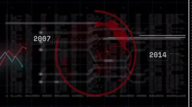 Okul ortamında verileri ve grafikleri olan kırmızı dijital dünya haritasının animasyonu. Küreselleşme, eğitim, teknoloji, analitik, veri görselleştirme, bilgi