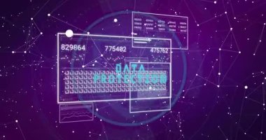Mor arkaplan üzerinde rakamlar ve klavye olan dijital veri işleme animasyonu. Teknoloji, fütürist