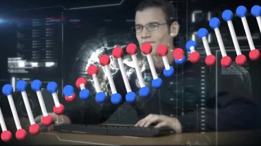 İkili kodlama ile DNA ipliği, bilimsel verileri animasyon tarzında işliyor. Genetik, ikili kod, biyoteknoloji, biyoenformatik, dijital, analiz