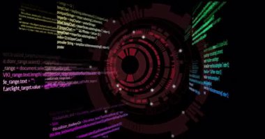 Karanlık arka planda soyut şekillerle renkli programlama kodlarının animasyonu. Teknoloji, dijital, fütüristik, kodlama, siber, yenilik