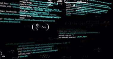 Dijital uzayda yüzen bilgisayar kodlarının ve matematiksel formüllerin animasyonu. Teknoloji, programlama, matematik, kodlama, hesaplama, bilim