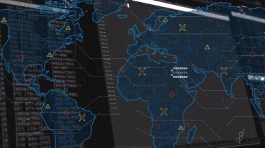 Veri noktaları ve ağ bağlantılarıyla dijital dünya haritasını gösteren animasyon. Global, teknoloji, yenilik, fütüristik, iletişim, sanal