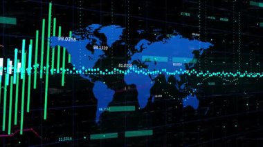 Dijital animasyon ekranında dünya haritası, finansal grafikler ve veri noktaları gösteriliyor. Küresel, analitik, finans, teknoloji, ekonomi, yenilik
