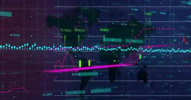 Canlandırılmış dünya haritasındaki grafikler ve grafiklerle küresel finansal verileri görselleştirmek. Finans, analitik, veri görselleştirme, büyük veri, teknoloji, ekonomi
