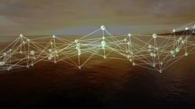 Gün batımında okyanus üzerinde bağlantı ve veri işleme animasyonu ağı. Teknoloji, bağlantı, ağ, dijital, fütüristik, yenilik