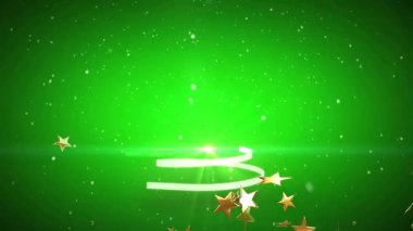 Yeşil arka plan animasyonunda yıldızlar olan parlayan spiral Noel ağacı tasarımı. tatil, dekorasyon, şenlik, kutlama, kış, mevsim