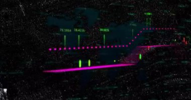 Dünya haritası üzerinde şamdan desenleri olan finansal grafiklerin animasyonu. Maliye, ekonomi, yatırım, ticaret, borsa, analitik