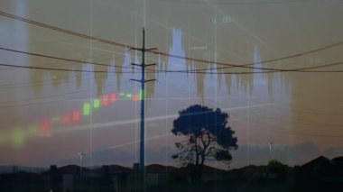Elektrik hatları ve banliyö manzarasının karanlık çöktüğünde finansal grafik animasyonu. Elektrik, altyapı, finans, ekonomi, teknoloji, enerji