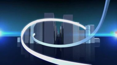 Gece animasyonlarında gökdelenler arasında parlayan ışık yolları. Skyline, teknoloji, neon, kentsel, modern, mimari