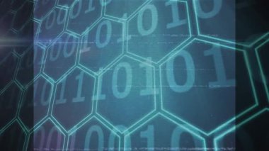 Okulda ikili kodlu ve altıgen kalıplı dijital teknolojinin animasyonu. Fütürist, soyut, ağ, yenilik, bilim, bağlantı